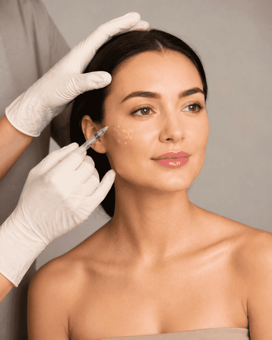A clinician in cream gloves steadies a client’s head and holds a clear syringe to her cheek, where small marks show the planned injection points.